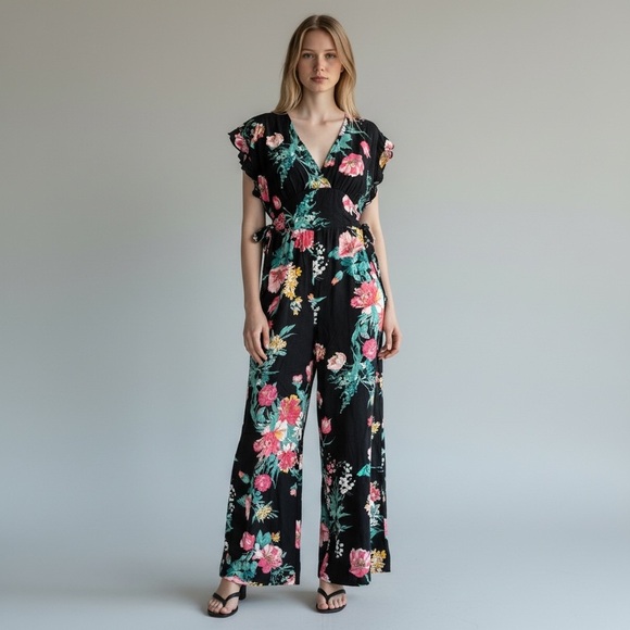 Xhilaration Pants - Xhilaration Black and Pink Floral Jumpsuit with V-Neckline